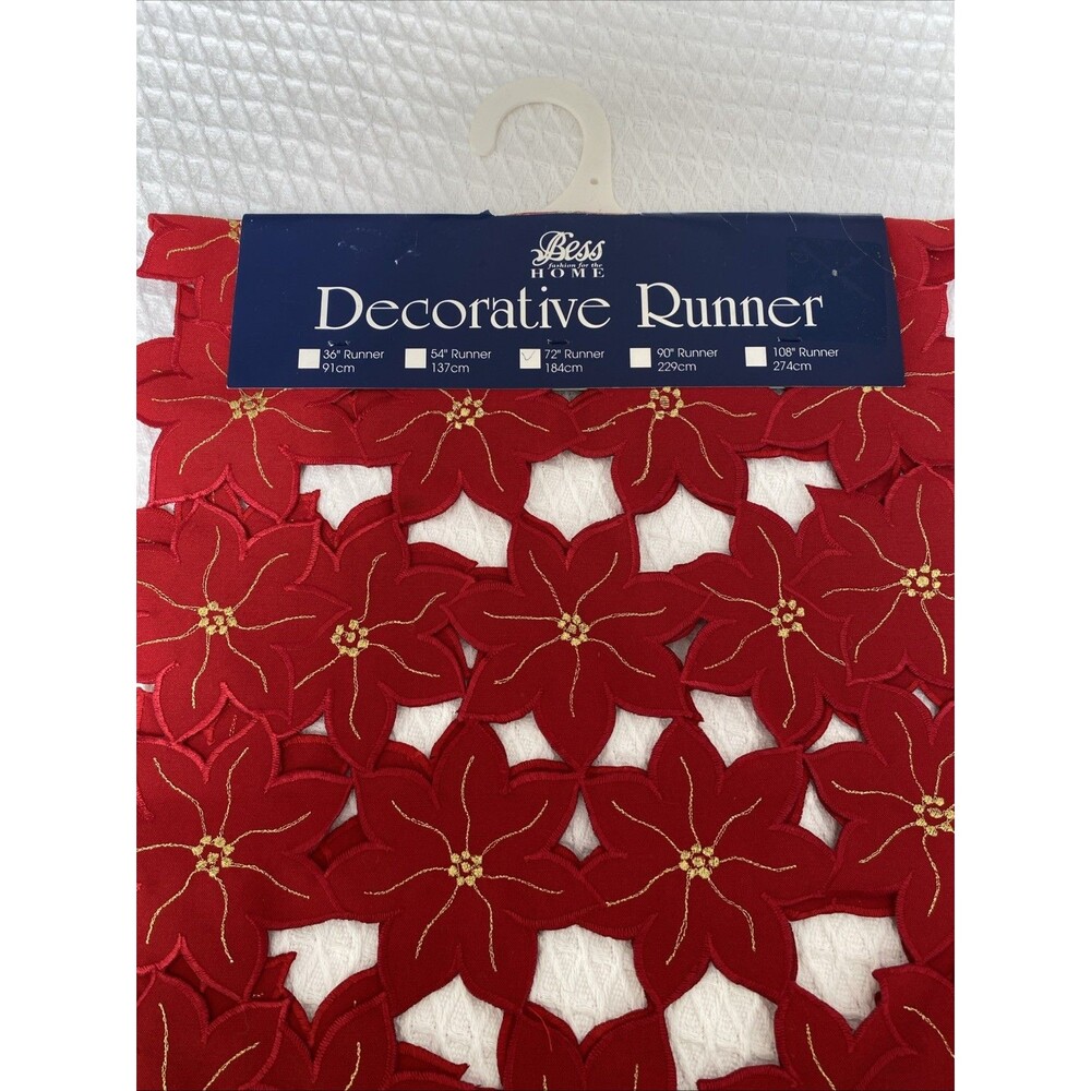 Vintage BESS Poinsettia Holiday Table Runner Red with Metallic Gold 72” X 13” - Picture 4 of 4